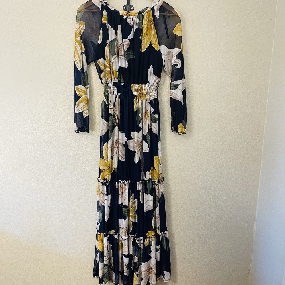 Kate & Lilly Floral Maxi Dress Mesh Long Sleeve Navy Yellow Tiered Ruffles Sz 4 - Picture 7 of 9